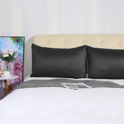 2 Pcs Queen(20"x30") Silky Satin Luxury Pillow Cases Black - PiccoCasa 2 2 Pcs Queen(20"x30") Silky Satin Luxury Pillow Cases Black - PiccoCasa - Image 2