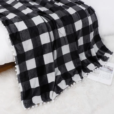 PiccoCasa Plaid Throw Blanket With Pom Poms Tartan Checkered Fleece Blanket 4 PiccoCasa Plaid Throw Blanket With Pom Poms Tartan Checkered Fleece Blanket - Image 4