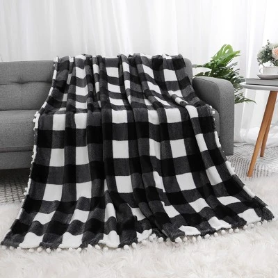PiccoCasa Plaid Throw Blanket With Pom Poms Tartan Checkered Fleece Blanket 6 PiccoCasa Plaid Throw Blanket With Pom Poms Tartan Checkered Fleece Blanket - Image 6