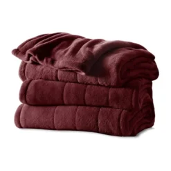 Sunbeam Queen Electric Heated MicroPlush Blanket In Garnet With Dual Digital Display Controllers