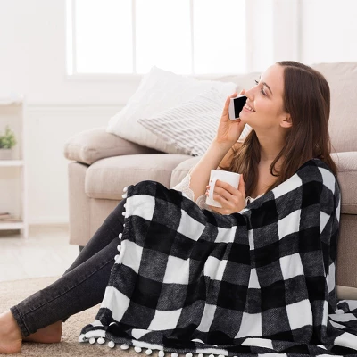 PiccoCasa Plaid Throw Blanket With Pom Poms Tartan Checkered Fleece Blanket 1 PiccoCasa Plaid Throw Blanket With Pom Poms Tartan Checkered Fleece Blanket