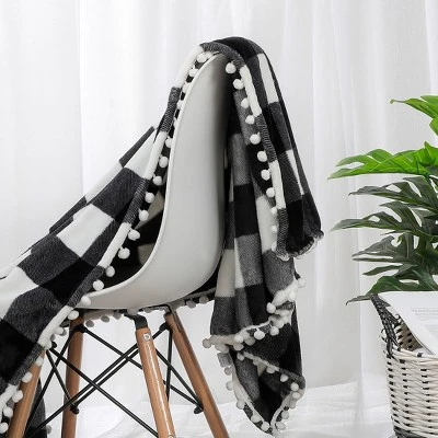 PiccoCasa Plaid Throw Blanket With Pom Poms Tartan Checkered Fleece Blanket 5 PiccoCasa Plaid Throw Blanket With Pom Poms Tartan Checkered Fleece Blanket - Image 5