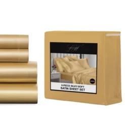 Cypress Luxury Linen Silky Smooth Satin Sweet Dreams 4 Piece Sheet Set - Gold - Queen