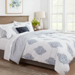 Reversible Medallion Family-Friendly Comforter & Sham Set White/Blue - Threshold™