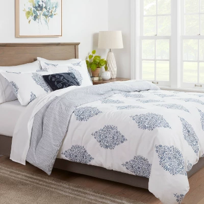 Reversible Medallion Family-Friendly Comforter & Sham Set White/Blue - Threshold™ 1 Reversible Medallion Family-Friendly Comforter & Sham Set White/Blue - Threshold™