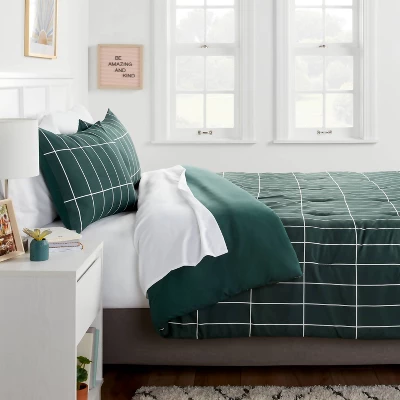 Grid Print Microfiber Reversible Comforter & Sheet Set Dark Green - Room Essentials™ 1 Grid Print Microfiber Reversible Comforter & Sheet Set Dark Green - Room Essentials™